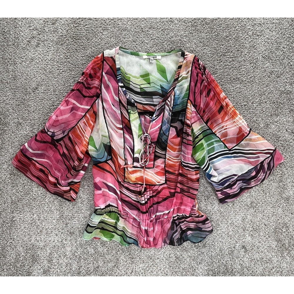 Daniel Rainn Blouse Womens M Pink Green‎ Abstract 3/4 Flared Sleeve Boho Artsy